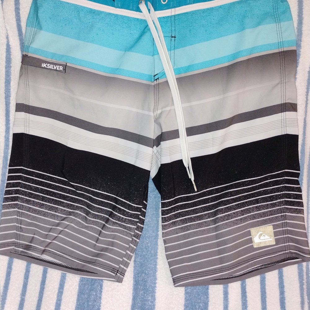 Quiksilver Men’s Aqua & Gray Stripe Boardshorts Size 30